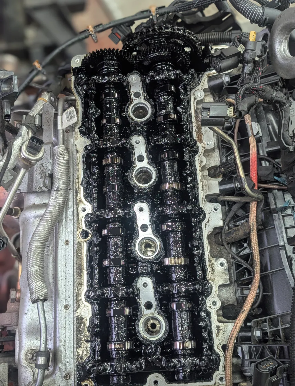 Valve train and camshaft close-up during engine work